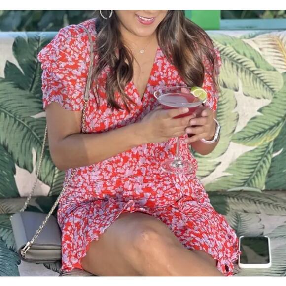 Tanya Taylor Red Floral Mini Wrap Dress Size 4 Silk Chiffon Ruched Designer $500 - Picture 8 of 13